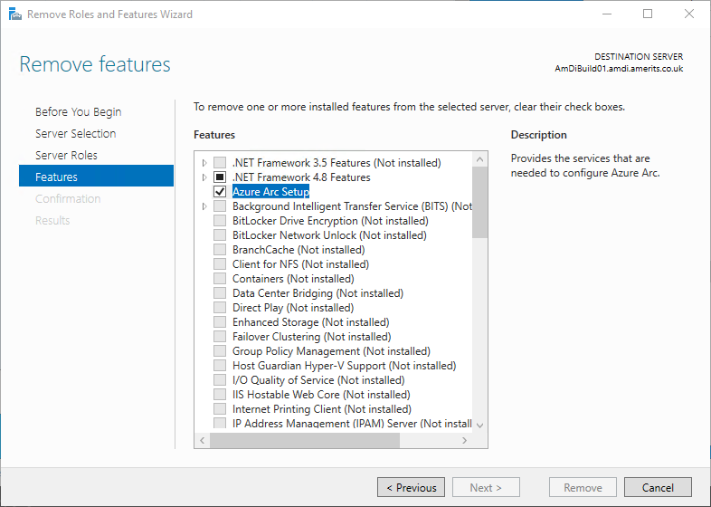 Azure Arc Setup removal in Server Manager Screenshot
