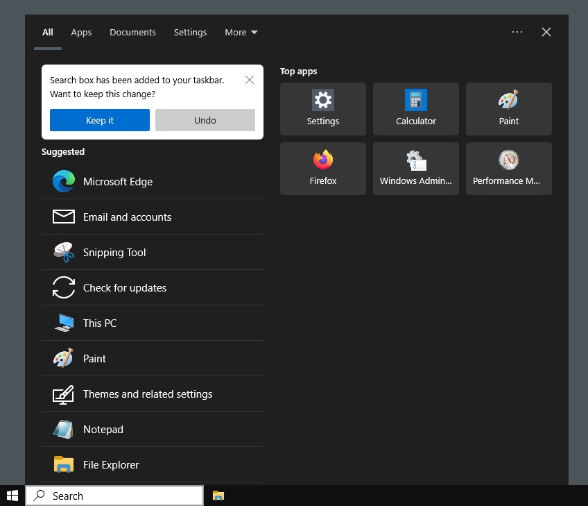 Windows 10 screenshot of "Search box has been added to your taskbar. Want to keep this change?" challenge on an auto-loaded pop-up.