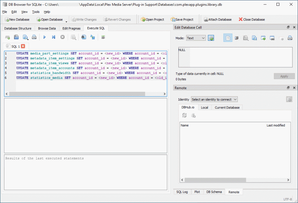 Screenshot of SQLiteBrowser on the execute SQL command tab